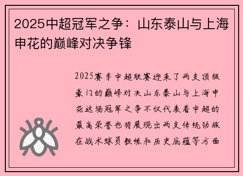 2025中超冠军之争：山东泰山与上海申花的巅峰对决争锋