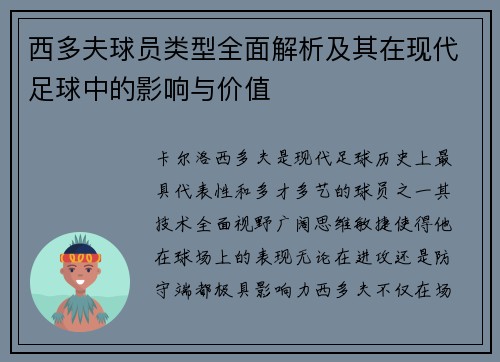 西多夫球员类型全面解析及其在现代足球中的影响与价值