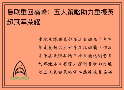 曼联重回巅峰：五大策略助力重振英超冠军荣耀